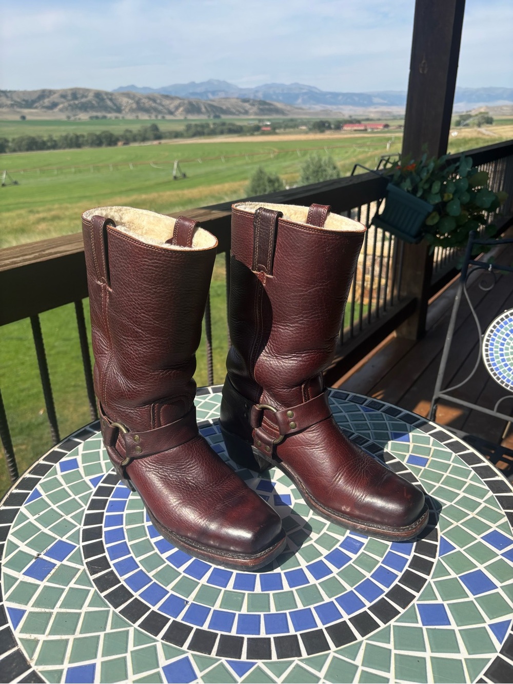 Frye Harness Boots 77299 Brown/Red Sheepskin Lined Leather Boots